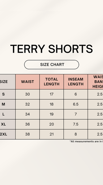 Size chart for terry shorts with measurements in inches.