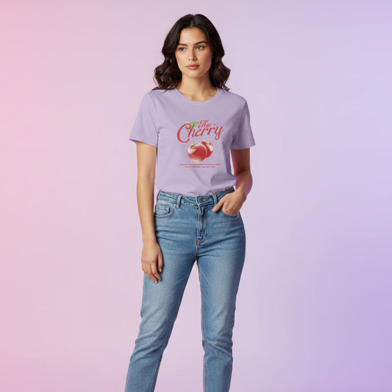 Woman wearing a light purple t-shirt with a graphic design on a white background