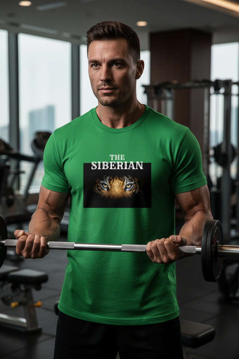 Green t-shirt with a tiger graphic and text on a white background