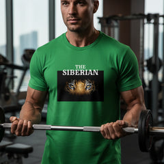 Green t-shirt with a tiger graphic and text on a white background