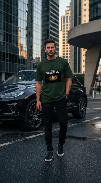 Green t-shirt with Siberian tiger graphic and text on a white background