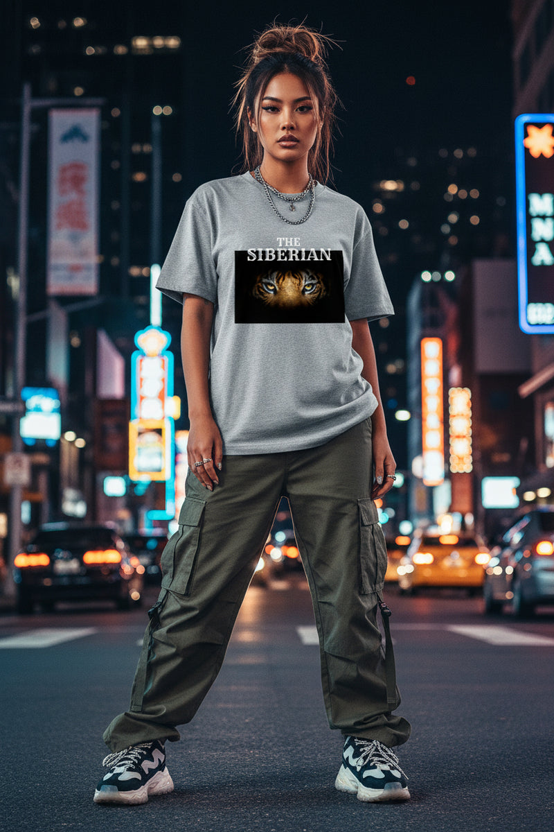 Gray t-shirt with a tiger graphic and text on a white background