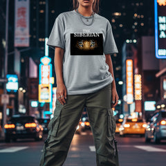 Gray t-shirt with a tiger graphic and text on a white background