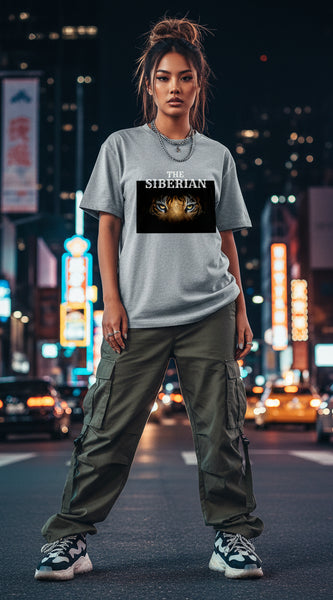 Gray t-shirt with a tiger graphic and text on a white background