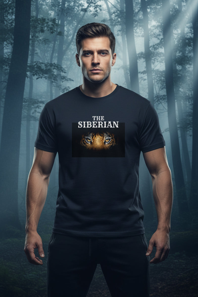 Navy blue t-shirt with Siberian tiger graphic and text on a white background