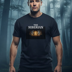 Navy blue t-shirt with Siberian tiger graphic and text on a white background