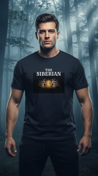 Navy blue t-shirt with Siberian tiger graphic and text on a white background