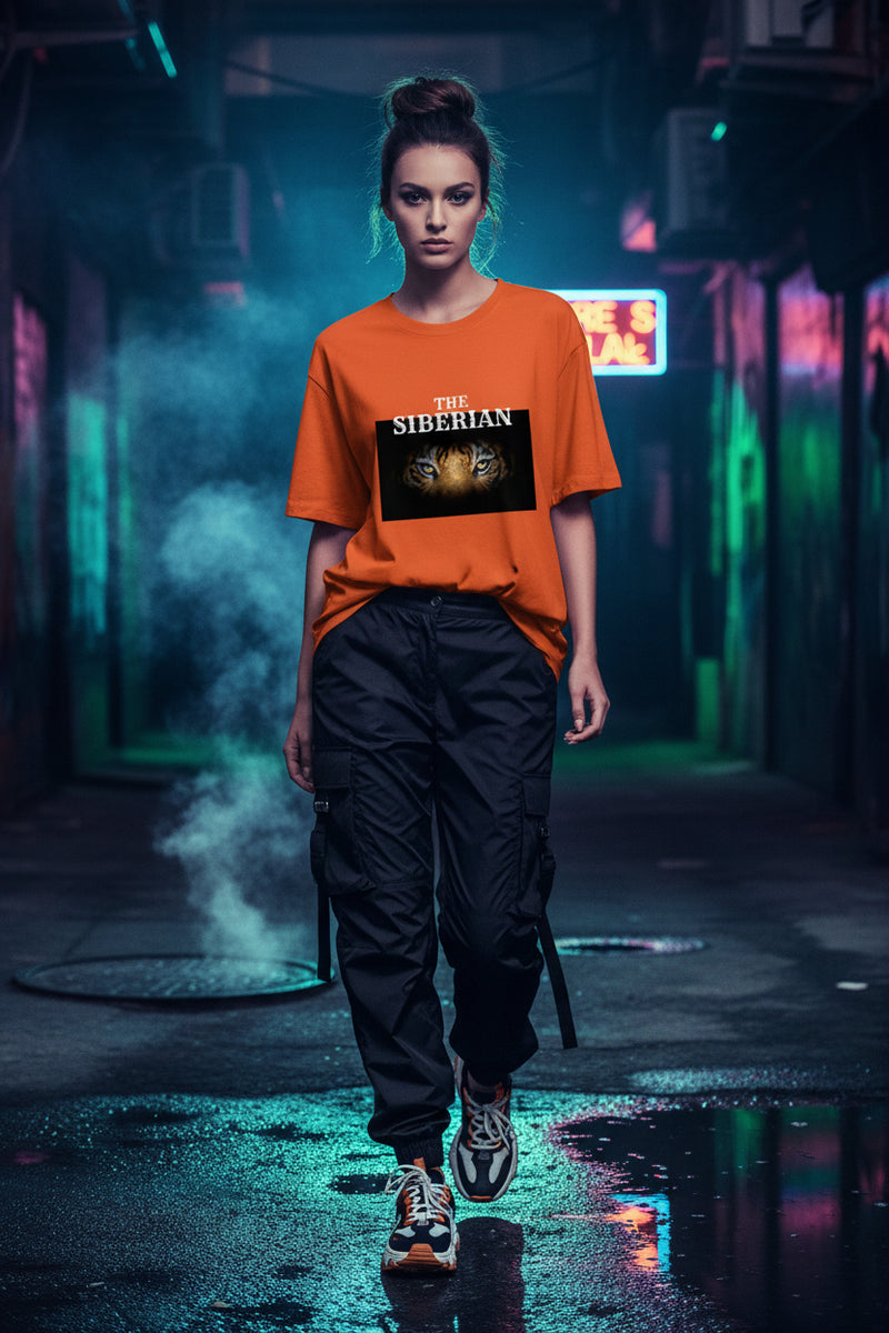 Orange t-shirt with a graphic of a tiger's face and text 'The Siberian' on a white background