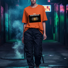Orange t-shirt with a graphic of a tiger's face and text 'The Siberian' on a white background
