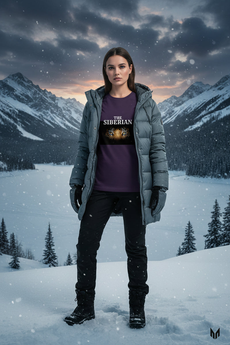 Purple t-shirt with Siberian tiger graphic and text on a white background