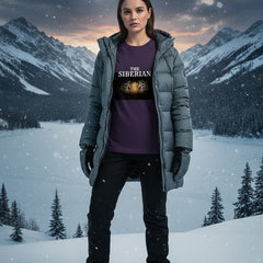 Purple t-shirt with Siberian tiger graphic and text on a white background
