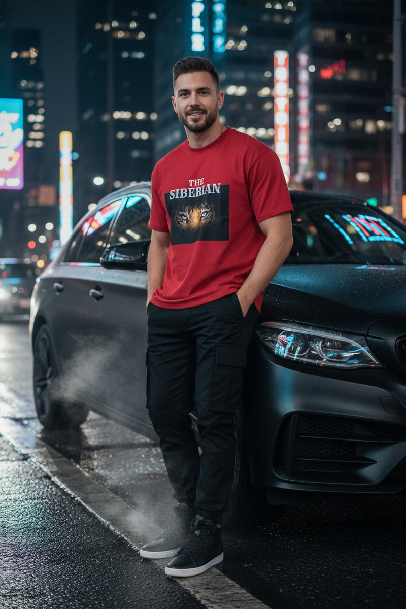 Red t-shirt with 'The Siberian' graphic featuring a tiger on a white background