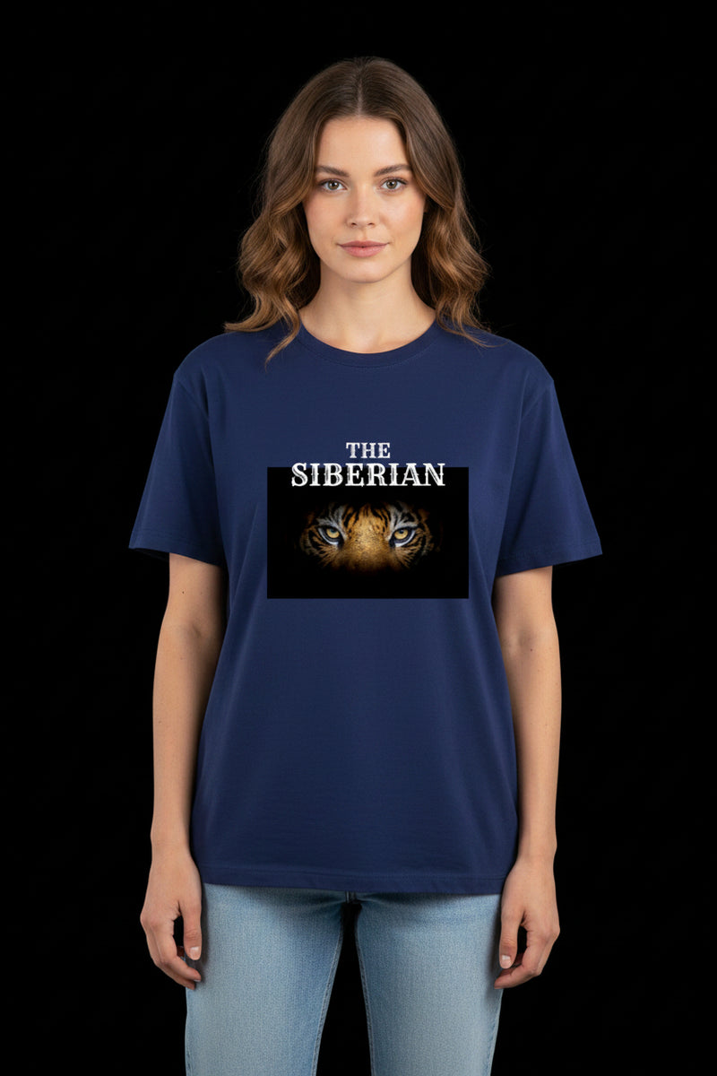 Royal blue t-shirt with a Siberian tiger graphic and text on a white background