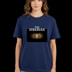Royal blue t-shirt with a Siberian tiger graphic and text on a white background