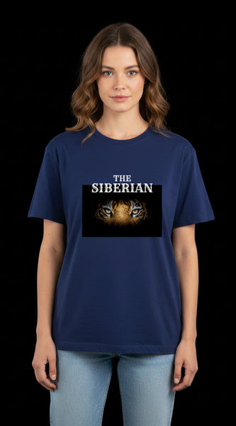 Royal blue t-shirt with a Siberian tiger graphic and text on a white background