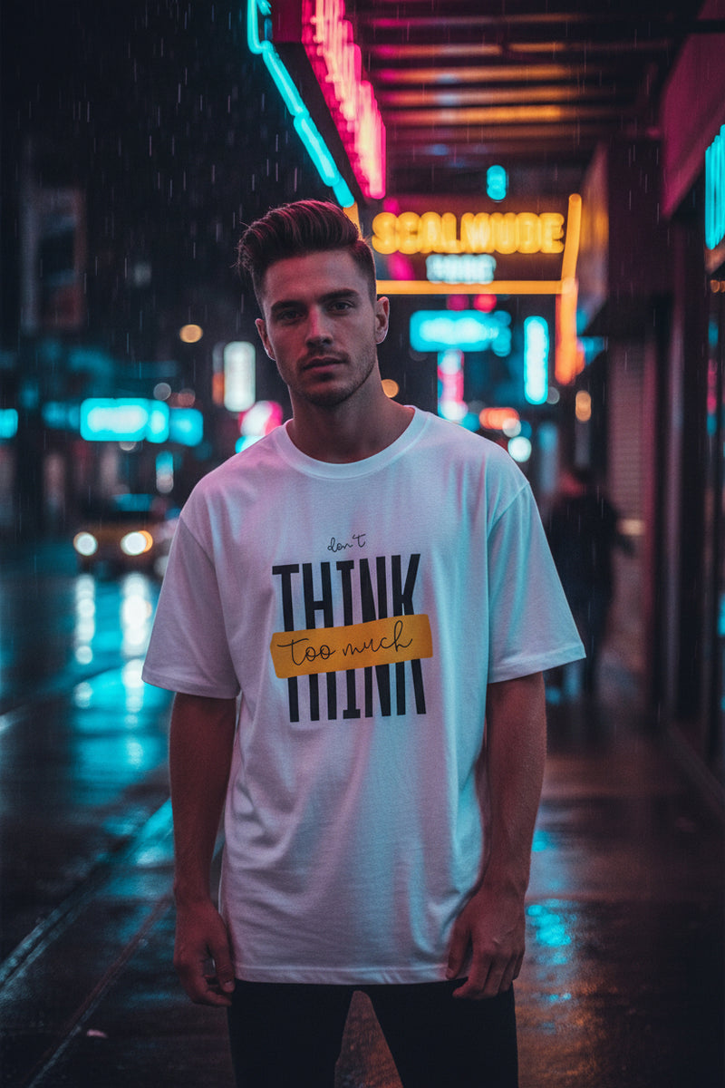 White t-shirt with black text 'don't think too much' and a yellow box on a white background