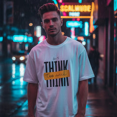 White t-shirt with black text 'don't think too much' and a yellow box on a white background