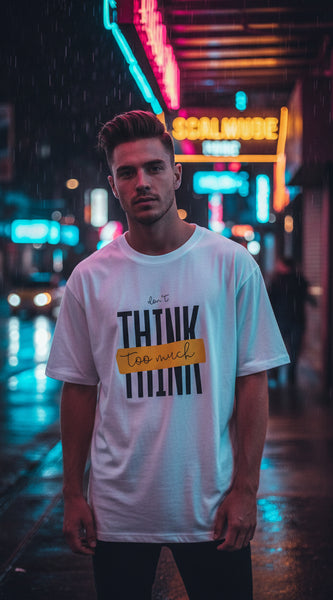 White t-shirt with black text 'don't think too much' and a yellow box on a white background