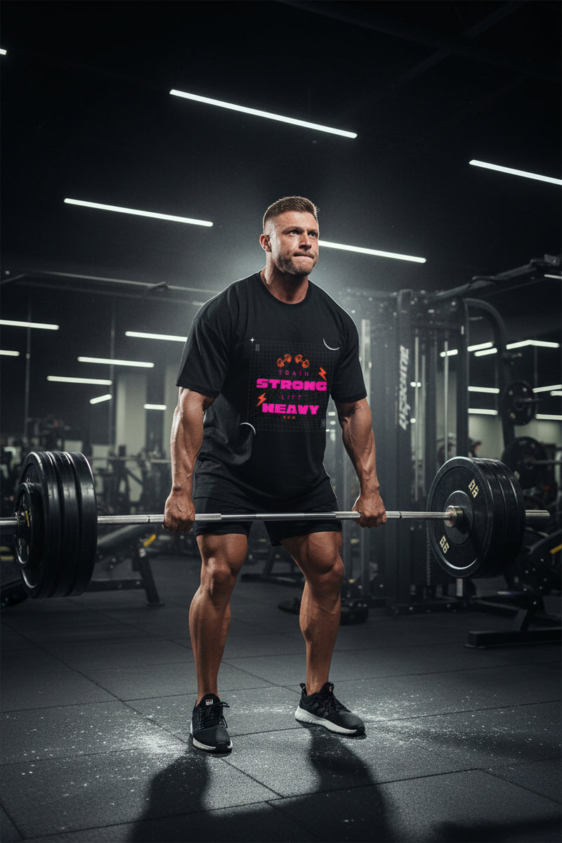 Black t-shirt with colorful text and graphics on a white background