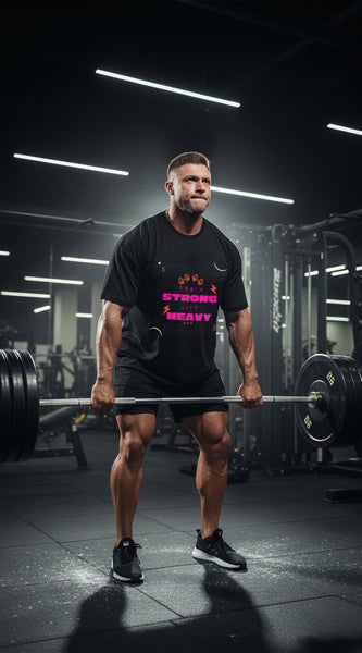 Black t-shirt with colorful text and graphics on a white background