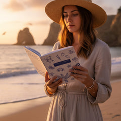 Notebook with ocean-themed design, glasses, and laptop on a white surface