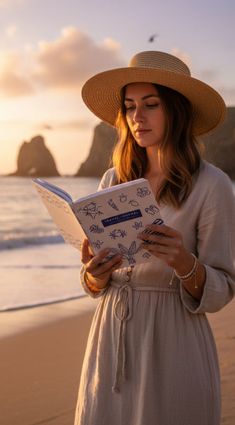 Notebook with ocean-themed design, glasses, and laptop on a white surface