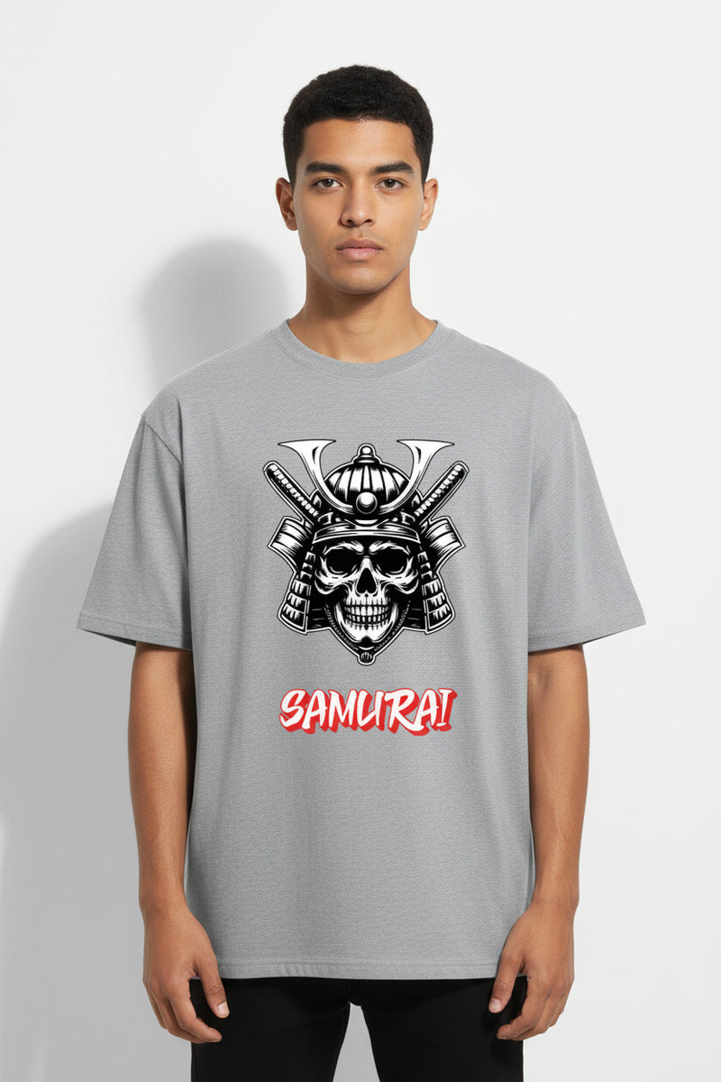 Gray t-shirt with a skull and katana design labeled 'Samurai' on a white background