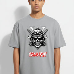 Gray t-shirt with a skull and katana design labeled 'Samurai' on a white background