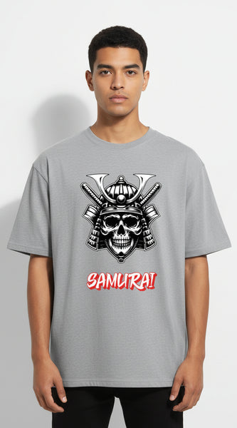 Gray t-shirt with a skull and katana design labeled 'Samurai' on a white background