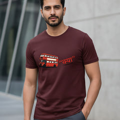 Maroon t-shirt with a red double-decker bus graphic and text on a white background