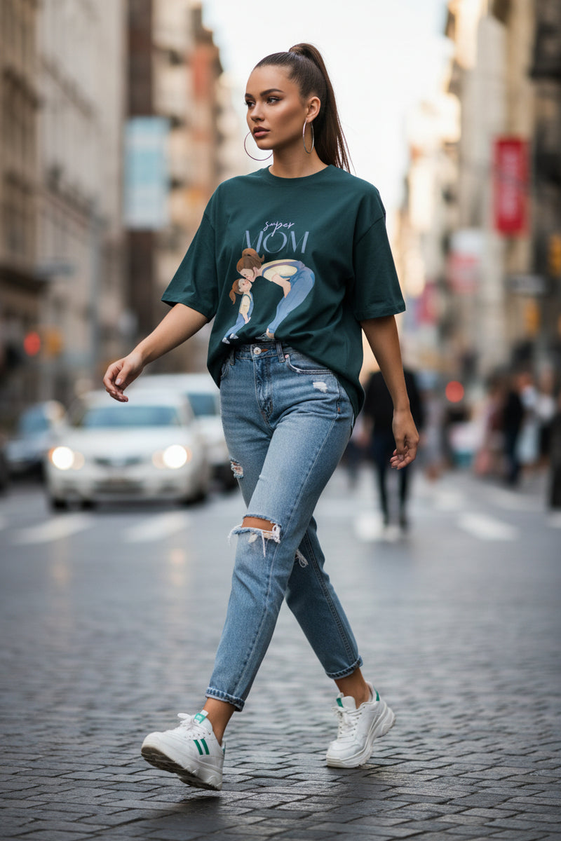 Dark green t-shirt with 'Super Mom' graphic on a white background
