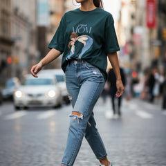 Dark green t-shirt with 'Super Mom' graphic on a white background