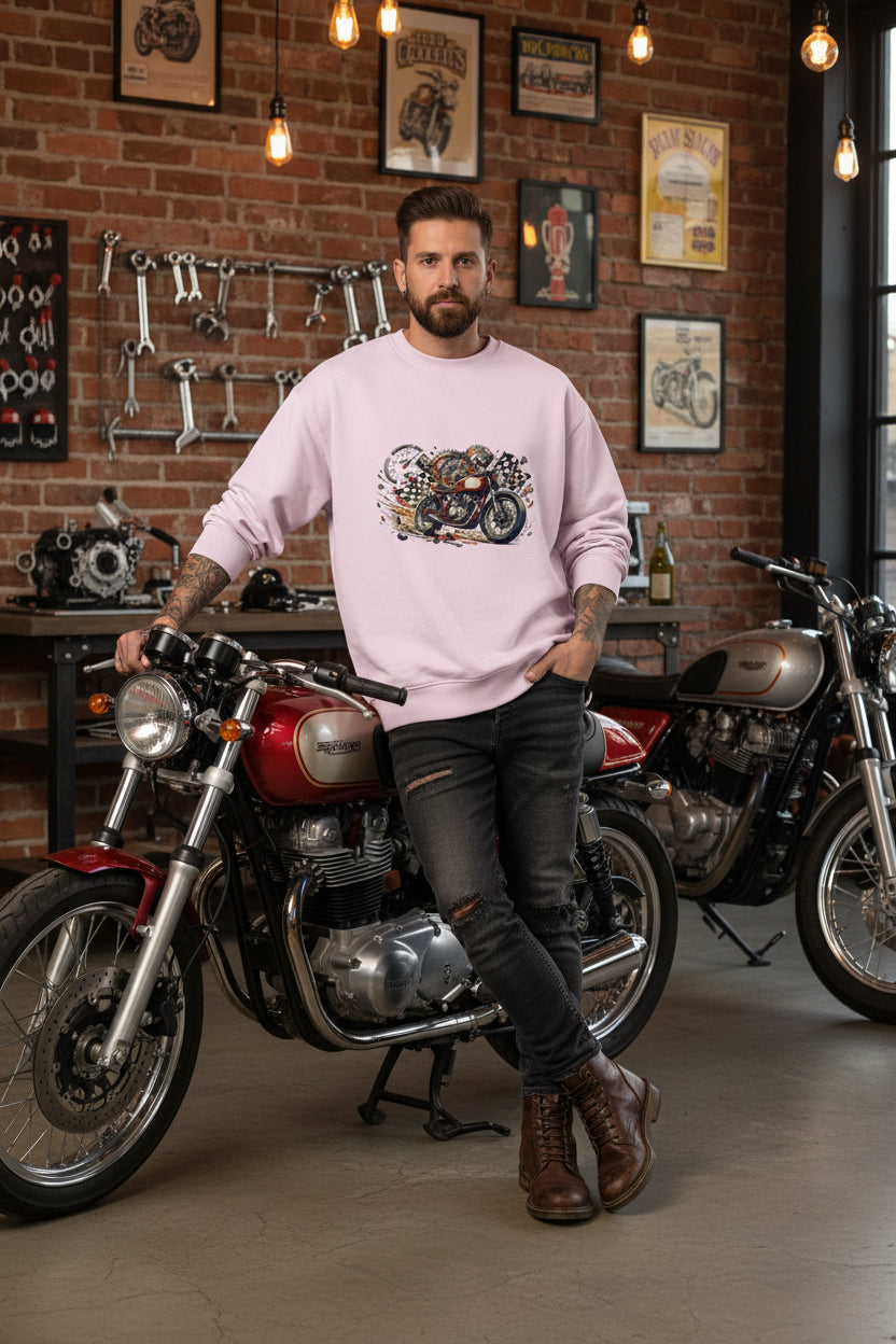 Pink sweatshirt with a motorcycle graphic on a white background