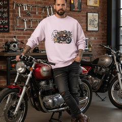 Pink sweatshirt with a motorcycle graphic on a white background
