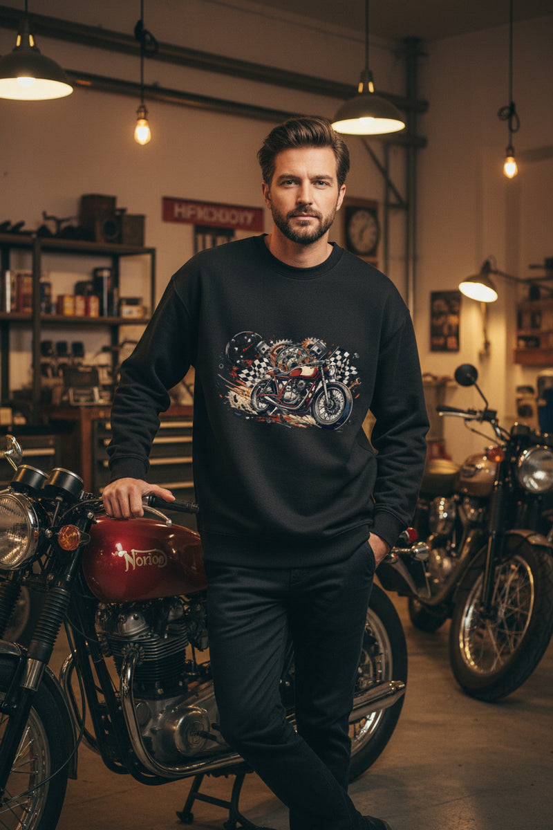 Black sweatshirt with a motorcycle graphic on a white background