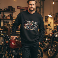 Black sweatshirt with a motorcycle graphic on a white background