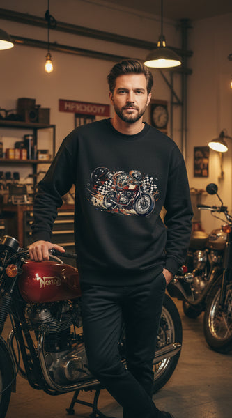 Black sweatshirt with a motorcycle graphic on a white background