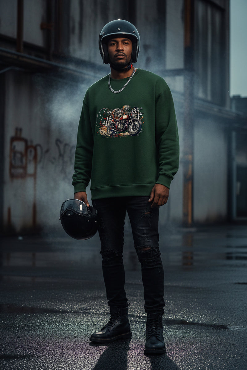 Green sweatshirt with a motorcycle graphic on a white background