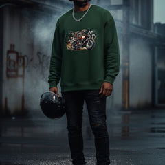 Green sweatshirt with a motorcycle graphic on a white background