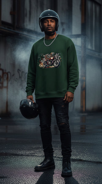 Green sweatshirt with a motorcycle graphic on a white background