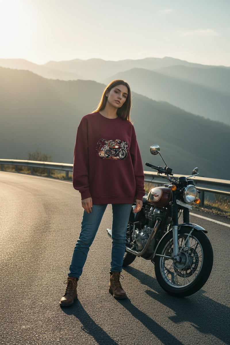 Maroon sweatshirt with a motorcycle graphic on a white background