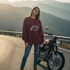 Maroon sweatshirt with a motorcycle graphic on a white background