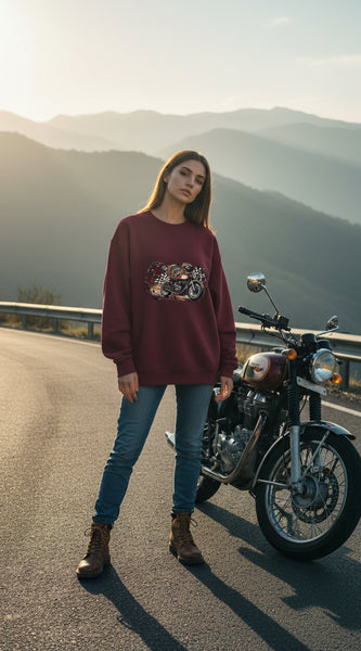 Maroon sweatshirt with a motorcycle graphic on a white background