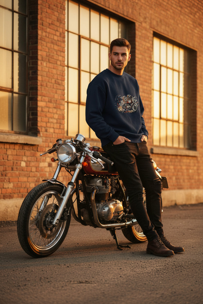 Navy blue sweatshirt with a motorcycle graphic on a white background