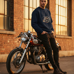 Navy blue sweatshirt with a motorcycle graphic on a white background