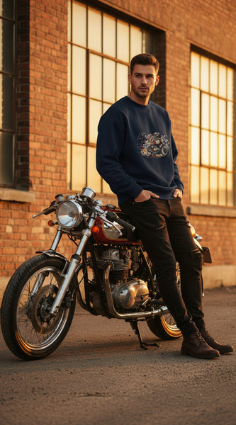 Navy blue sweatshirt with a motorcycle graphic on a white background