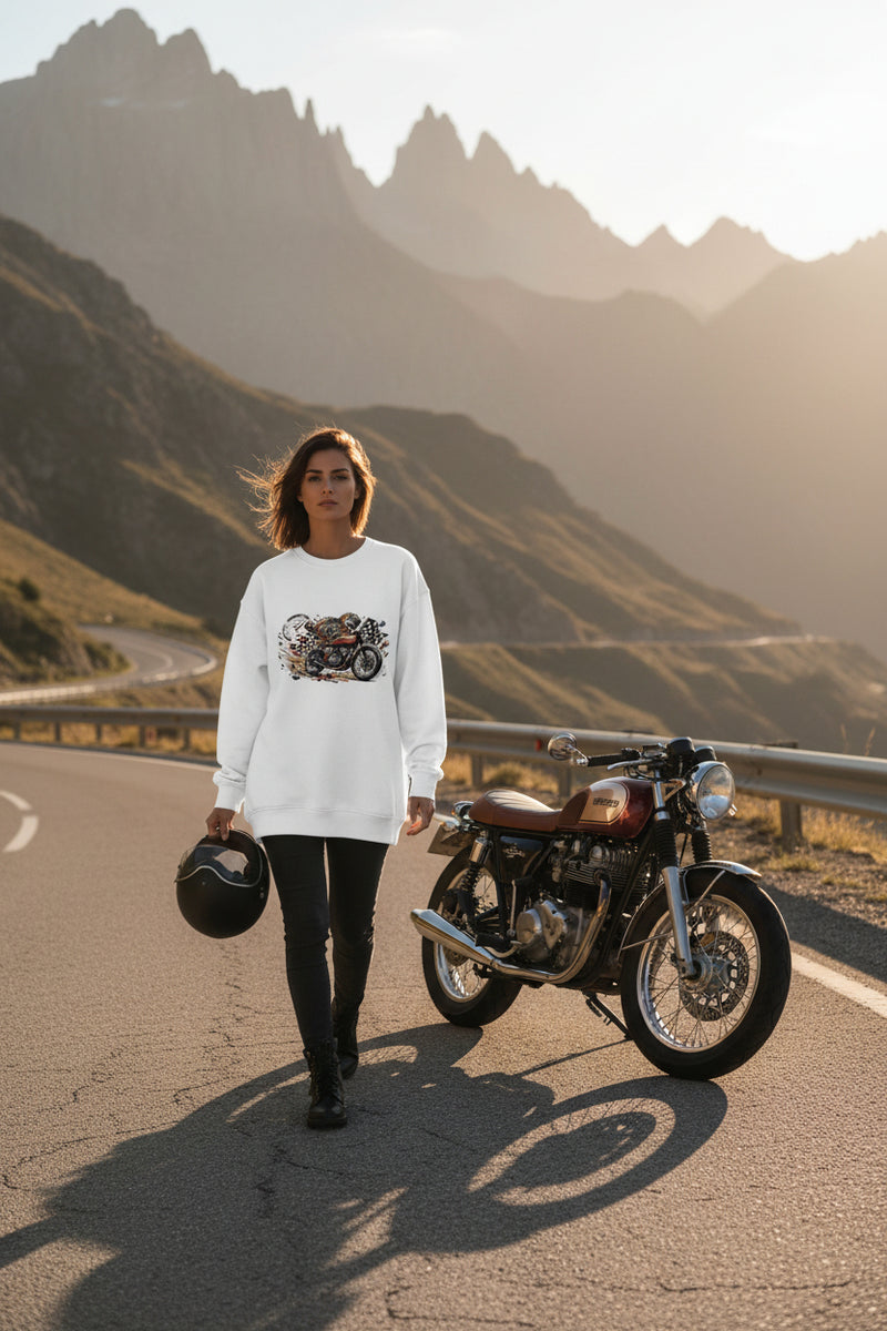White sweatshirt with a motorcycle graphic on a white background