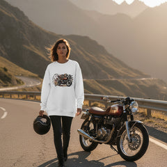 White sweatshirt with a motorcycle graphic on a white background