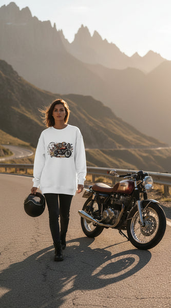 White sweatshirt with a motorcycle graphic on a white background