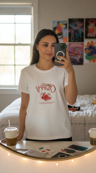 Woman wearing a white t-shirt with a graphic design and text